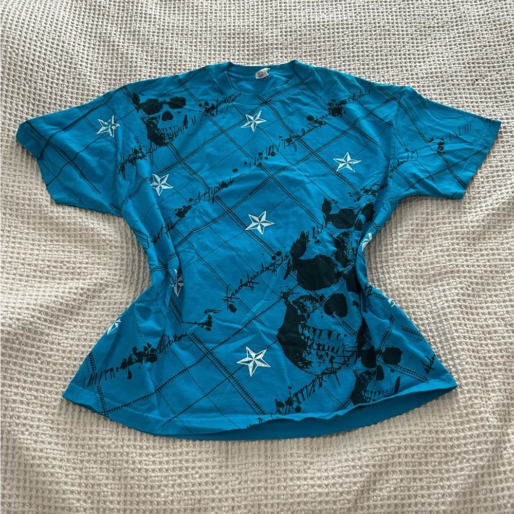 Y2K Alstyle Blue Graphic Short Sleeve Tee Grunge Skulls